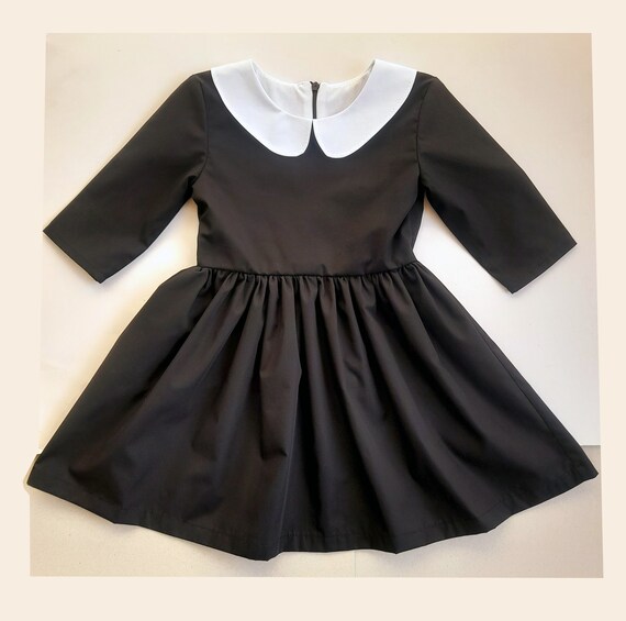 Wednesday Addams Costume for Adult Women Kids Girls Long Sleeve Peter Pan  Collar Black Dress Halloween Night Costume