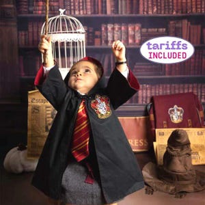 Puede incluir: Un niño vestido con una túnica negra de Hogwarts con una corbata a rayas rojas y doradas, sosteniendo una varita. La túnica presenta un escudo de Gryffindor. Un Sombrero Seleccionador y otros accesorios sugieren un tema de Harry Potter.