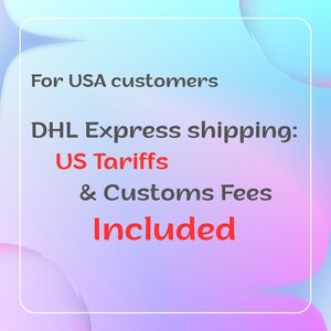 Puede incluir: Un gr&aacute;fico con un fondo degradado de azul, morado y rosa. El texto incluye "Para clientes de EE. UU.", "Env&iacute;o DHL Express", "Aranceles y tasas de aduana de EE. UU. incluidos".
