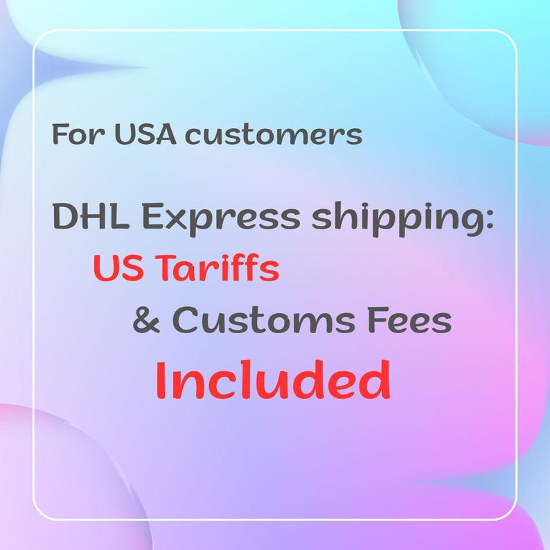 Puede incluir: Un gr&aacute;fico con un fondo degradado de azul, morado y rosa. El texto incluye "Para clientes de EE. UU.", "Env&iacute;o DHL Express", "Aranceles y tasas de aduana de EE. UU. incluidos".