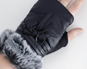 Vegan Leather Fingerless Gloves: Faux Fur Cuff Warmers