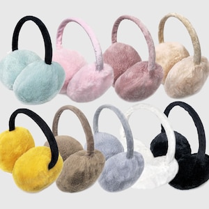May include: Ten pairs of faux fur earmuffs in various colors, including light blue, pink, beige, yellow, brown, gray, white, and black. The earmuffs are made of soft, plush fabric and have a headband that goes over the head.