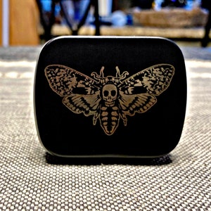 Small death’s head moth stash tin/stash tin/guitar pick tin/pill container/ear bud holder/small tin.