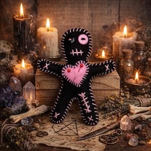 Handmade Voodoo Doll Poppet, Gothic Witchcraft Decor, Black/Lightpink Felt Doll, Spellwork Altar Tool, Witchy Gift