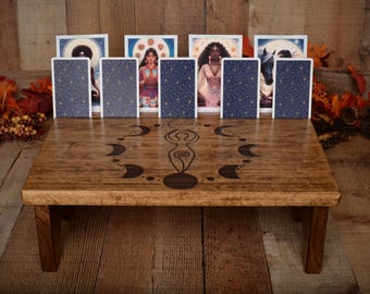 Handcrafted Wooden Tarot Card Table – Custom Engraved Altar