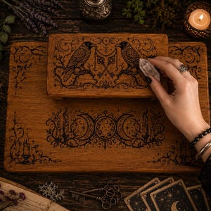 May include: A rectangular wooden altar board and a smaller matching wooden box, both featuring dark laser-engraved designs. The board displays a triple moon symbol with candles, while the box depicts two ravens perched on branches with keys.