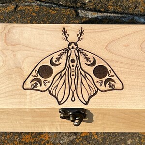 Hardwood Maple Mystical Moth tarot card box/ Mystical Moth Crystal box/ Alter box/ Keepsake box