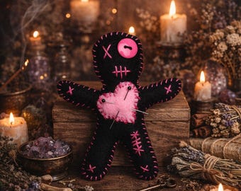 Handmade Voodoo Doll Poppet, Gothic Witchcraft Decor, Black Hot Pink Felt Doll, Spellwork Altar Tool, Witchy Gift