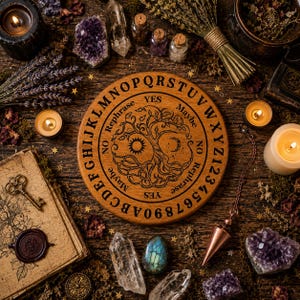 May include: A round wooden spirit board featuring an engraved tree of life design with a sun and moon, surrounded by the alphabet, numbers 0-9, and the words YES, NO, MAYBE, and REPHRASE. The board is surrounded by candles, crystals, and a pendulum.