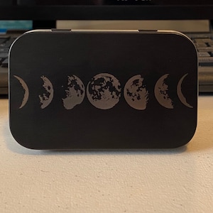 Moon phase stash tin/stash tin/guitar pick holder/pill container/ear bud holder/small tin.