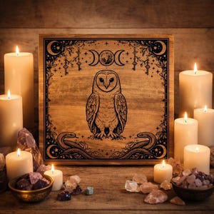 May include: A wooden square with an engraved owl design, crescent moons, keys, and snakes. The artwork is surrounded by lit candles, crystals, and small bowls filled with gemstones. The overall theme is mystical and spiritual.