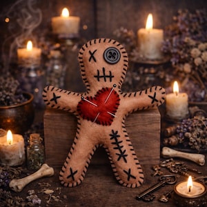 Handmade Voodoo Doll Poppet, Gothic Witchcraft Decor, Tan/Black Felt Doll, Spellwork Altar Tool, Witchy Gift
