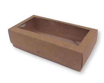 Pack of 20 8" x 4" Kraft Brown Gift Boxes With Window, Jewellery, Cakes, Gifts