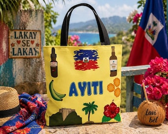Haiti Icons Einkaufstasche | Haitianische Flagge Tasche | Kulturelle Tragetasche | Urlaub Essentials | Karibik | Haitianer Braut | Karibische Hochzeit | Ayiti