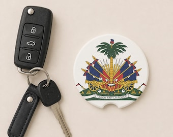Auto-Untersetzer aus Speckstein mit Haiti-Wappen, Auto-Accessoire, Geschenk für Ihn, Geschenk für Sie, Haiti-Fanartikel, Auto-Tassenuntersetzer