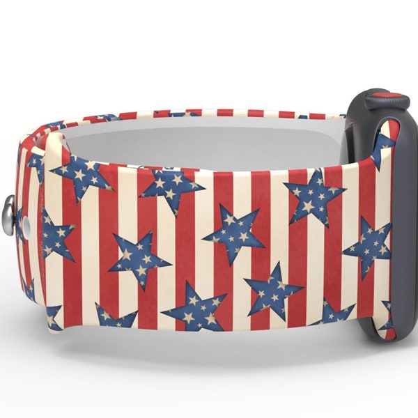 Striped Stars 4th of July American Flag Apple Watch Silicone Band Fireworks Independence Gift 38mm 40mm 41mm 42mm 44mm 45mm Series 1-7 & SE