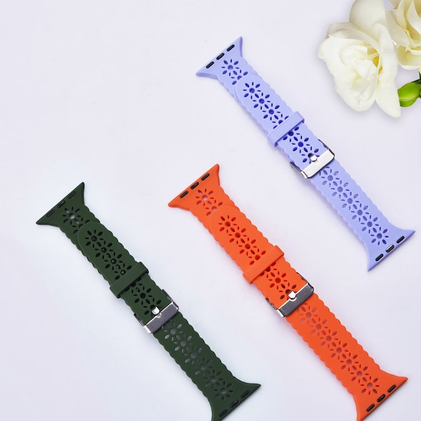 Lace Silicone Apple Watch Band Strap Laser Cut Hollow Scalloped Breathable 38mm 40mm 41mm 42mm 44mm 45mm Series 1-7 & SE
