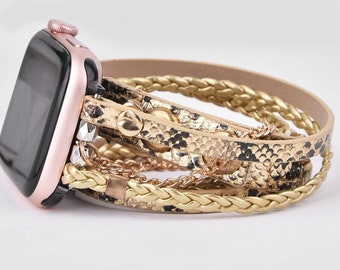 Boho Braided Leather Band Apple Watch Wrap Around Hippie Bracelet Band 38mm 40mm 41mm 42mm 44mm 45mm Women Gold Snake Skin IWatch Wristband