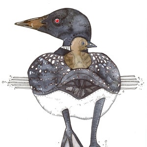 May include: Watercolor painting of a loon with a chick riding on its back. The loon is black and white with a red eye. The chick is brown and white. The background is white.