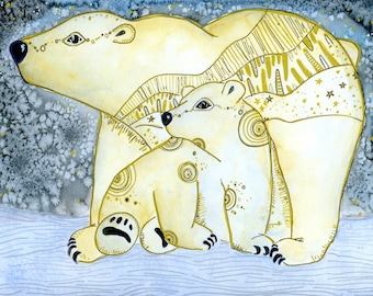 May include: A watercolor painting of two polar bears, one larger than the other, with intricate patterns and details. The bears are depicted in a loving embrace, with the smaller bear nestled against the larger one. The background is a soft blue with white speckles, suggesting a snowy landscape.