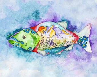 May include: Watercolor painting of a salmon with a landscape inside. The salmon is green, red, and white with blue flowers. The landscape is a mountain scene with purple, green, and yellow colors.