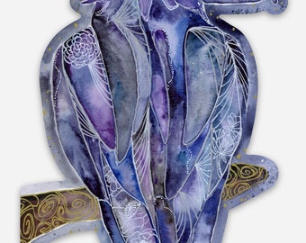 May include: A watercolor illustration of a purple and blue raven with white line details, perched on a branch with gold accents.
