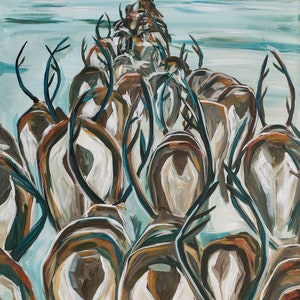 May include: A painting of a herd of reindeer with antlers, painted in shades of brown, white, and teal, against a background of a teal lake and blue mountains.