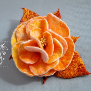 Felt rose, brooch, felted, vintage, orange, cream, red-brown, yellow, hair clip, hair barrette, autumn leaves