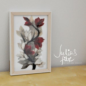 Felt wool picture, felted, with glass picture frame, magnolia flowers, burgundy, beige, brown, black, wool painting