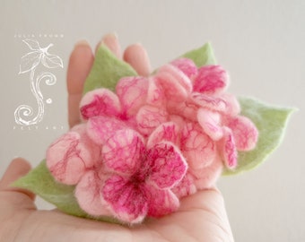 Felt brooch flowers hydrangeas, felted, light pink, pink, green