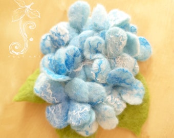 Felt brooch flowers hydrangeas, felted, light blue, white, green