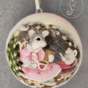 Christmas ball, wool painting, artwork, felted, mouse, teapot, snow, decorative ball, Christmas decoration, blue, white, pink, 13 cm