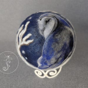 Christmas ball, wool painting, artwork, felted, owl, winter, snow, decorative ball, decoration, dark blue-white-grey, 13 cm