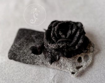 Mobile phone case felt bag mobile phone case with rose, felted, vintage, black, grey, color gradient merino wool