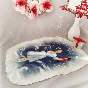 Felted table runner, table decoration, winter decoration, nutcracker, ballerina, snow, Christmas decoration, wool, wool painting, no print, 61 x 42 cm