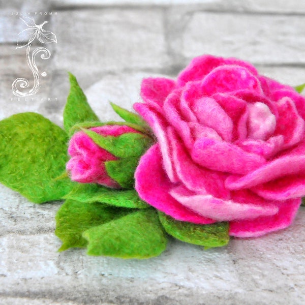 Filz Rose mit Knospe, Brosche, gefilzt, Vintage, rosa, pink, grün, Haarklammer, Haarspange, Pion