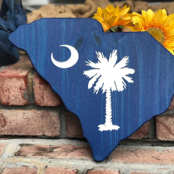 South Carolina SC State Flag ,Wood Sign, Wall Hanging with Palmetto Tree and Crescent Moon CNC machined