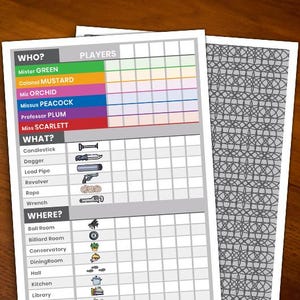 Peut inclure: Deux feuilles de jeu blanches avec une mise en page en grille, avec des catégories comme "QUI ?" et "QUOI ?" avec des images correspondantes. Les feuilles sont sur une surface en bois. Une feuille a un motif.