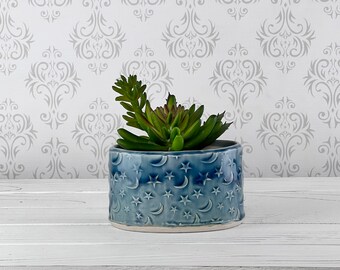 Oval stars texture inch plant pot, succulent handmade planter with drainage, cute planter, ceramic flower pot with drain hole, blue glaze