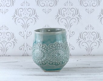 Blue lace texture 10 ounce mug, handmade ceramic mug, cute mug, ceramic mug with handle