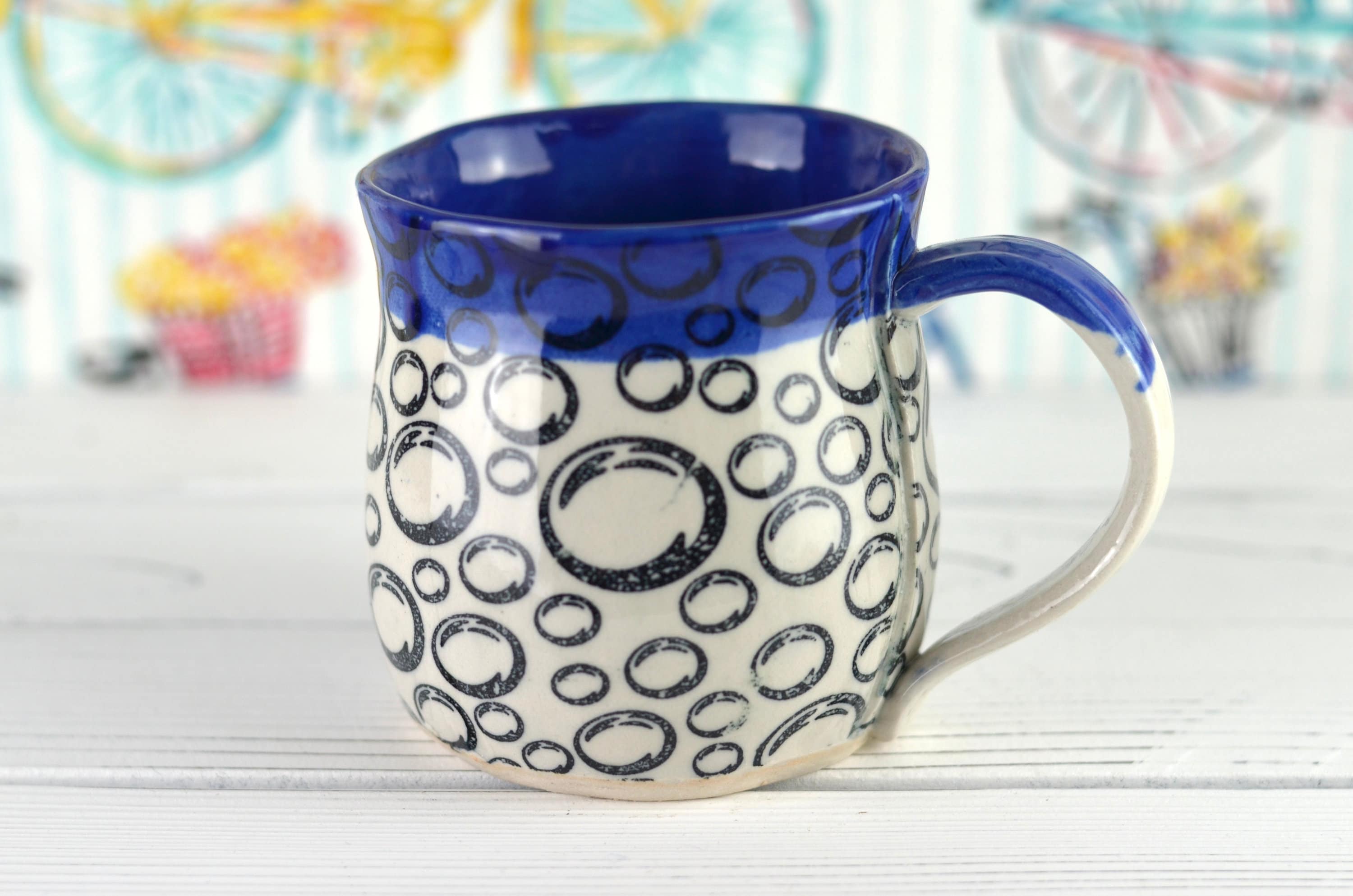 Blue Bubble Mug With Handle Bubble Design Handmade Pottery Etsy