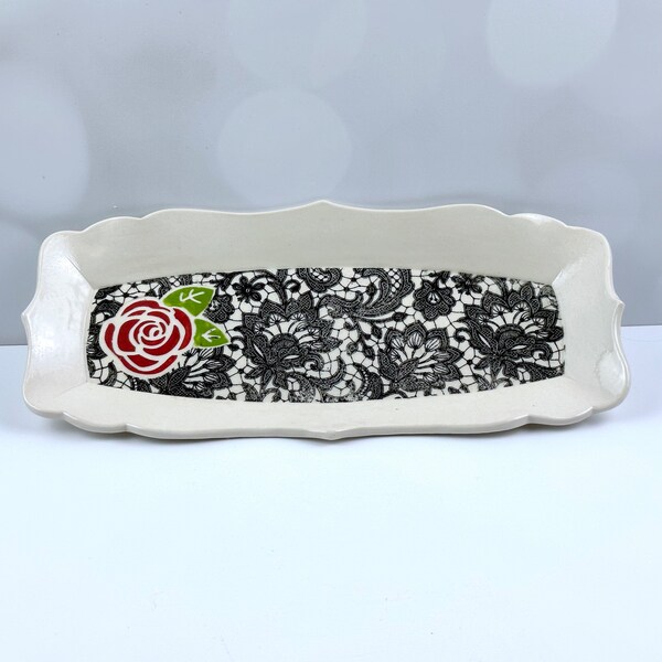 Floral Rose 12 inch tray, handmade scalloped decorative tray, porcelain ceramic plate, underglaze transfers