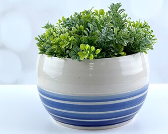 White and Blue Stripe 6 inch plant pot, succulent handmade planter with drainage, cute planter, ceramic flower pot with drain hole, unglazed