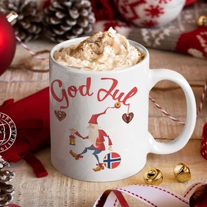 God Jul Mug, Gledelig Jul, Norwegian Merry Christmas, Norway Tomte Elf Gnome, Scandinavian Christmas Gift