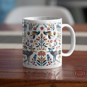 Nordic Folk Art Mug, Rosemaling vintage floral art, Scandinavian Christmas decor, Norwegian Folk Art, Syttende Mai, Nordic Gift, Hygge Gifts