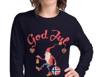 God Jul Unisex Long Sleeve Shirt, Gledelig Jul, Norwegian Merry Christmas, Norway Tomte Elf Gnome, Scandinavian Christmas Gift