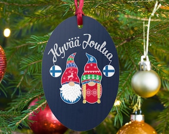 Hyvaa Joulua Ornament, Finnish Merry Christmas, Finland Tonttu Wooden Ornament, Scandinavian Christmas Gift