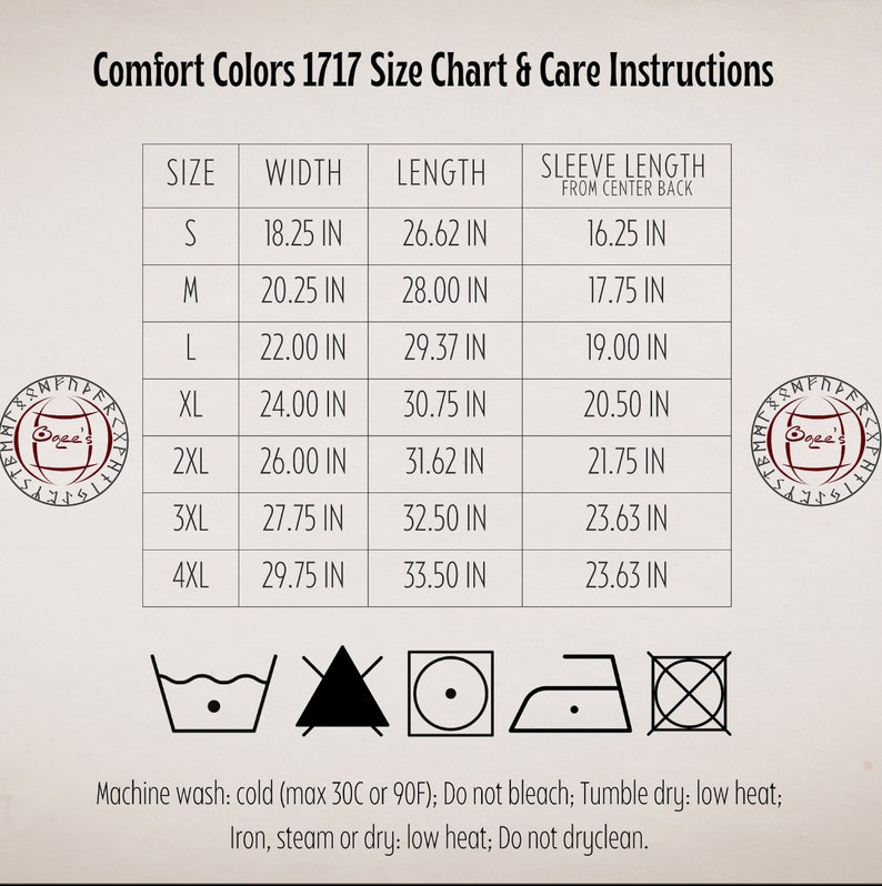 K&ouml;nnte beinhalten: Gr&ouml;&szlig;entabelle und Pflegehinweise f&uuml;r Comfort Colors 1717 T-Shirts. Die Tabelle zeigt die Gr&ouml;&szlig;en S bis 4XL mit den entsprechenden Ma&szlig;en f&uuml;r Breite, L&auml;nge und &Auml;rmell&auml;nge in Zoll. Die Pflegehinweise umfassen Maschinenw&auml;sche kalt, Trocknergeeignet bei niedriger Temperatur und B&uuml;geln bei niedriger Temperatur.