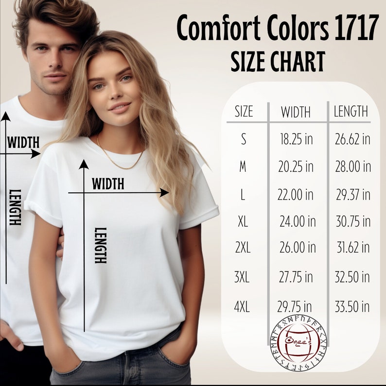 K&ouml;nnte beinhalten: Gr&ouml;&szlig;entabelle f&uuml;r Comfort Colors 1717 T-Shirts, mit den Ma&szlig;en f&uuml;r Breite und L&auml;nge in Zoll f&uuml;r die Gr&ouml;&szlig;en S bis 4XL.