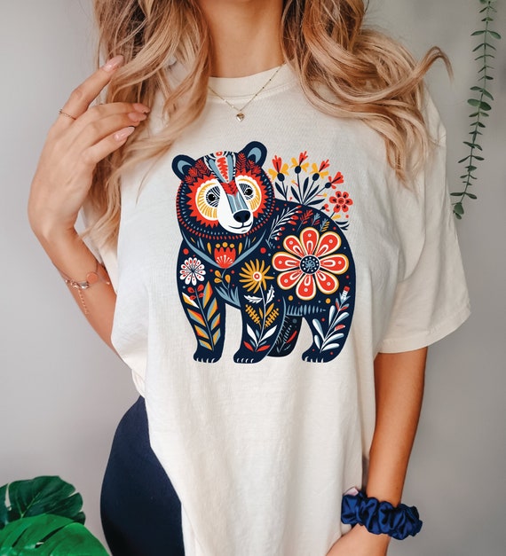 Scandinavian Folk Art Shirt, Brown Bear Flower Shirt, Forestcore Shirt, Scandi Woodland Shirt, Cottagecore Boho, Scandinavian Christmas Gift